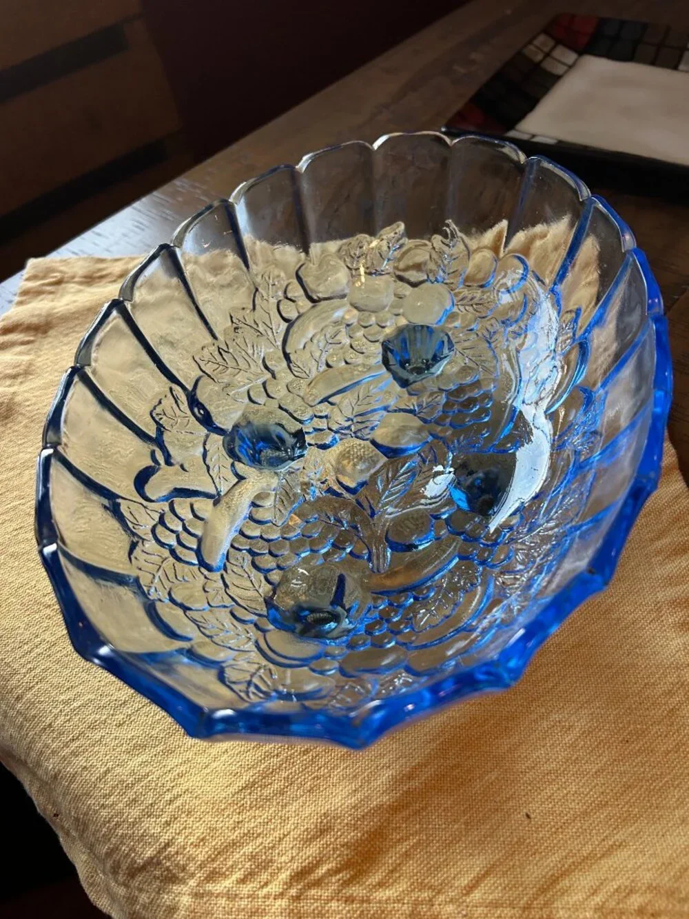 Vintage Indiana Glass  fruit   bowl   is a footed  oval  centerpiece  with a  sc